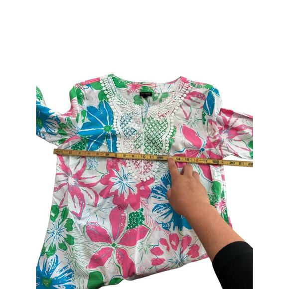 Talbots Women's Pink Anguilla Floral Print Lace Bib Tunic Top Size Medium - Picture 5 of 7